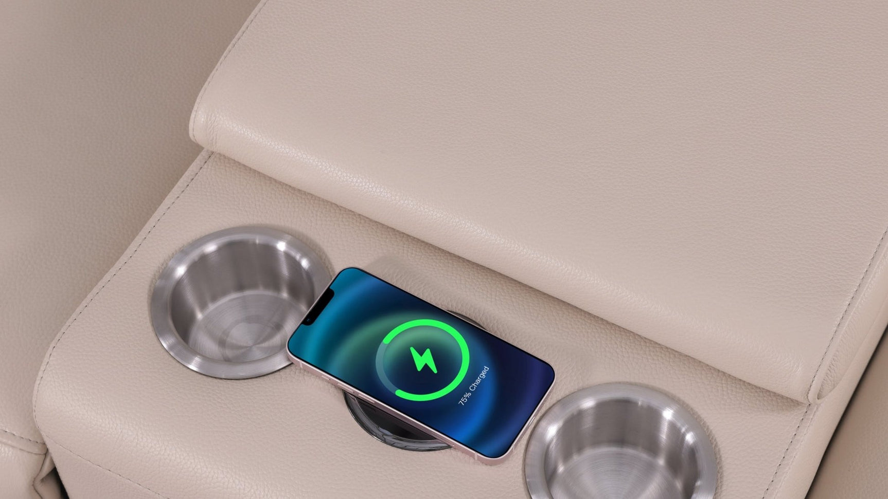 Console with wireless charger and cupholders