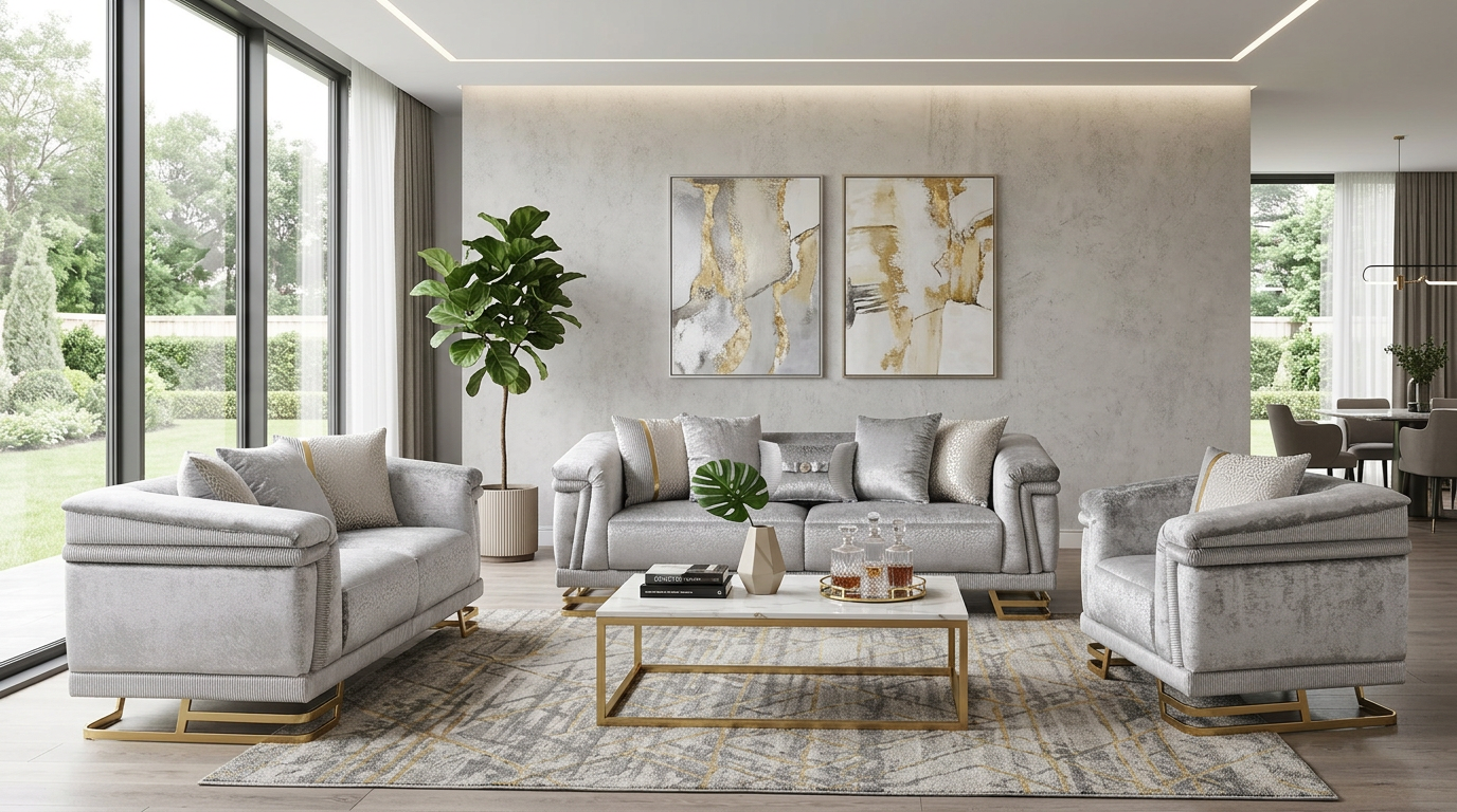 Amalfi Grey Crushed Velvet Sofa and Loveseat Set with Gold Geometric Bases and Pillows room view