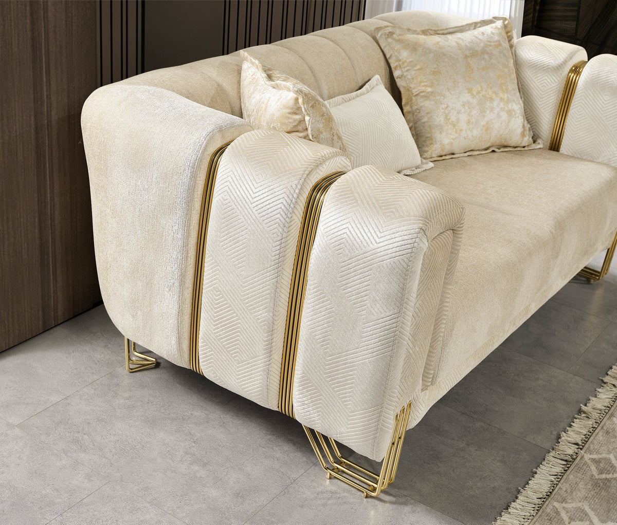 Top view of ivory velvet loveseat cushions