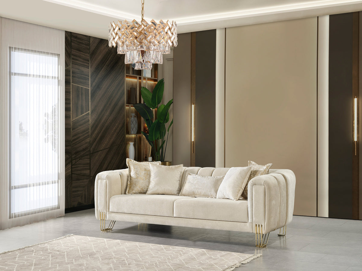 Side view of Ella Ivory Velvet Sofa