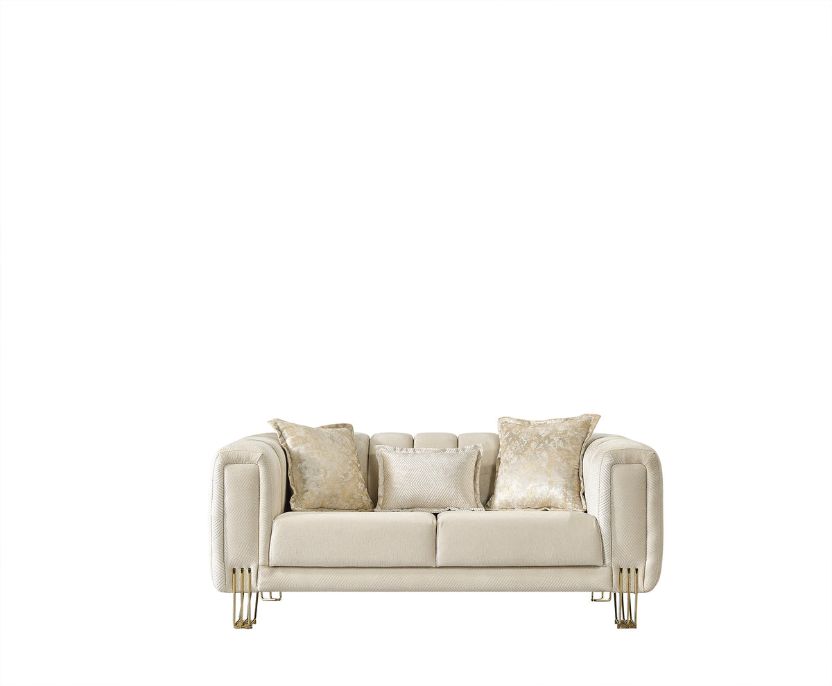 Close-up of ivory velvet upholstery on Ella loveseat