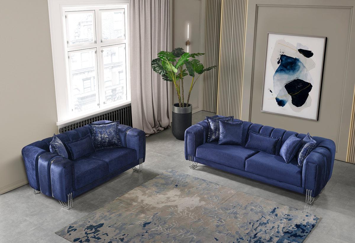 Ella Navy Velvet Sofa & Loveseat side view