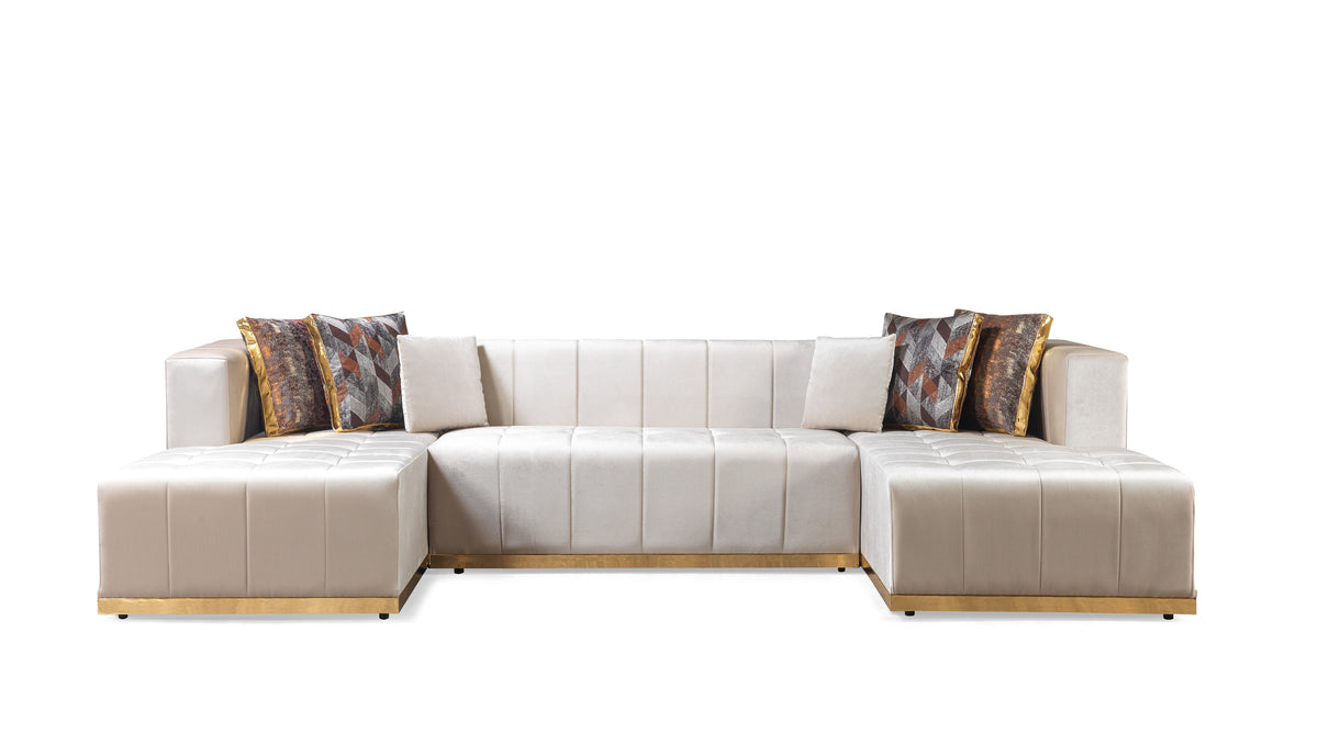 Living room view of Amelia ivory velvet sectional sofa with double chaise