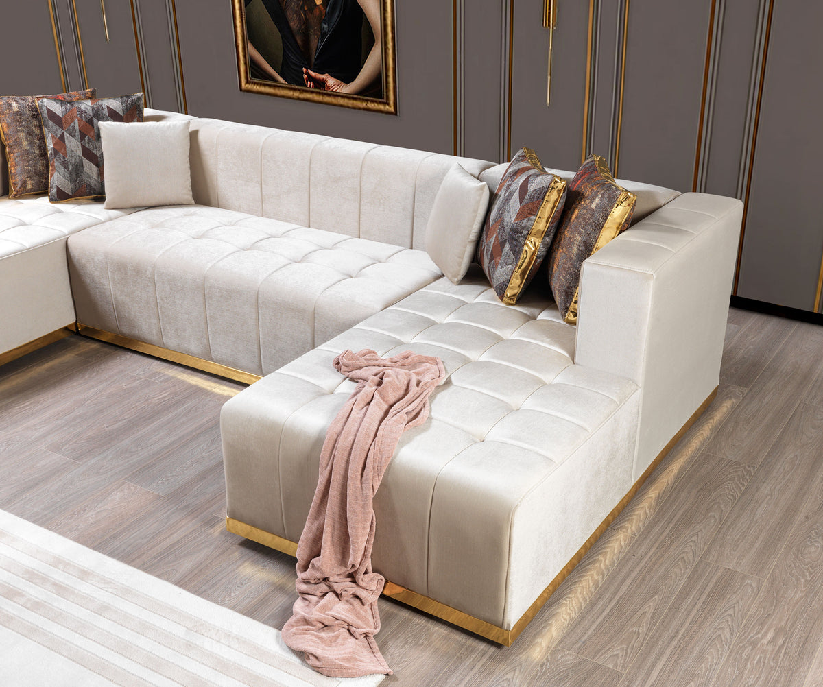 Side perspective of sectional sofa in ivory velvet