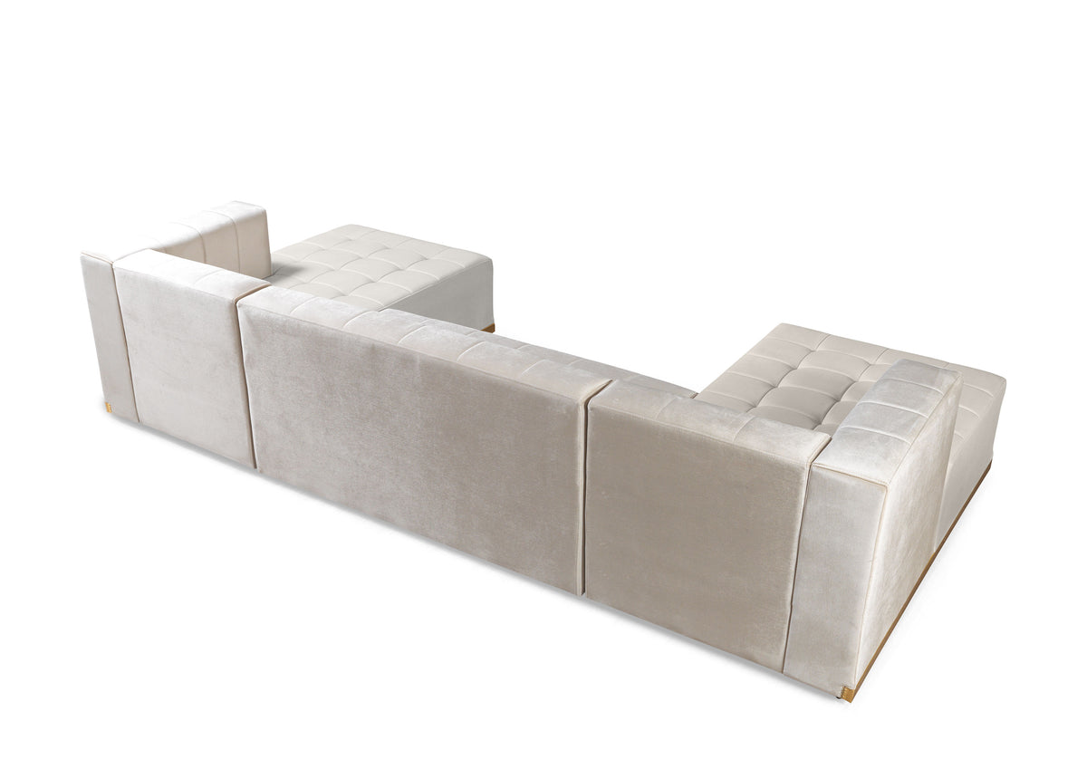Room setting with beige ivory velvet sectional sofa