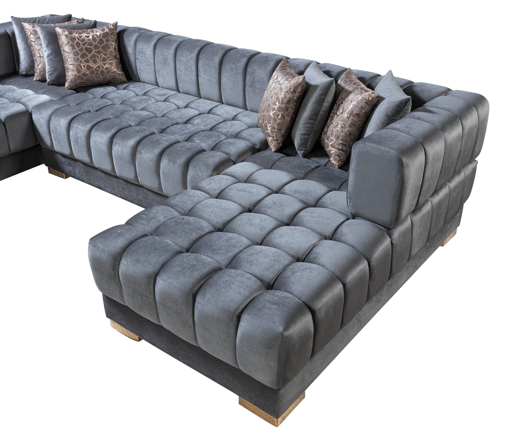 side view of Mia gray velvet double chaise sectional sofa