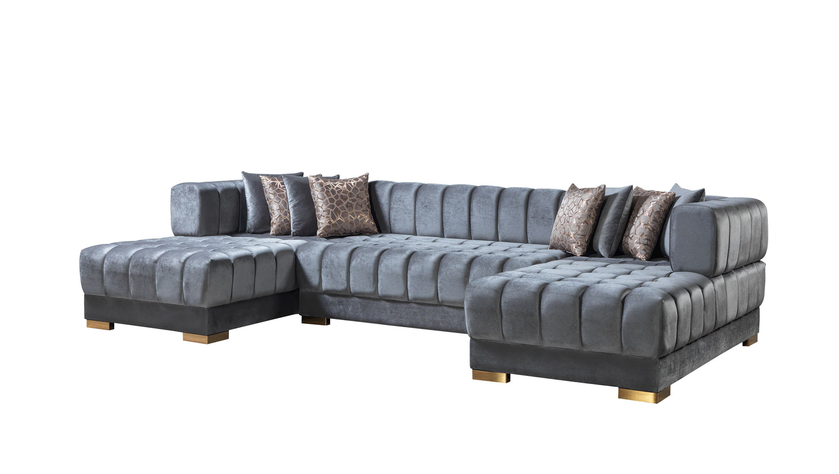 side view of Mia gray velvet double chaise sectional sofa arm