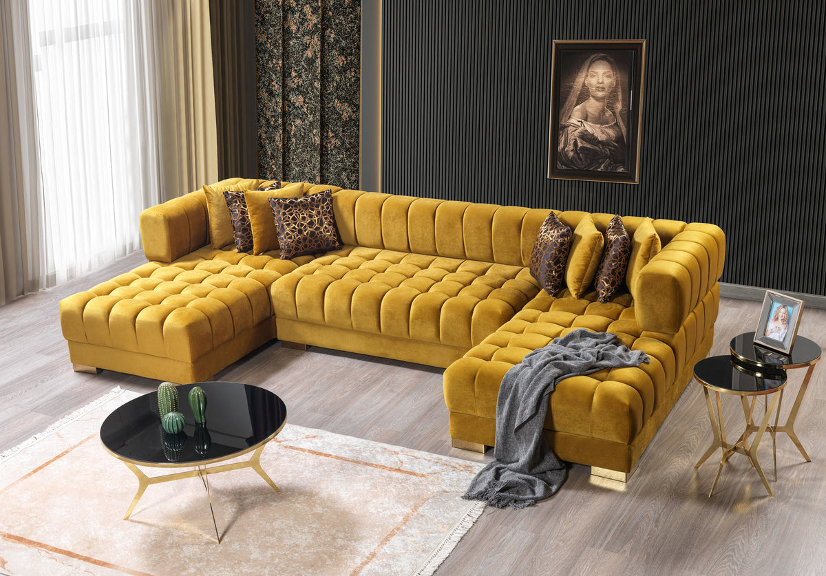 Front angle of Mia Mustard Velvet Double Chaise Sectional