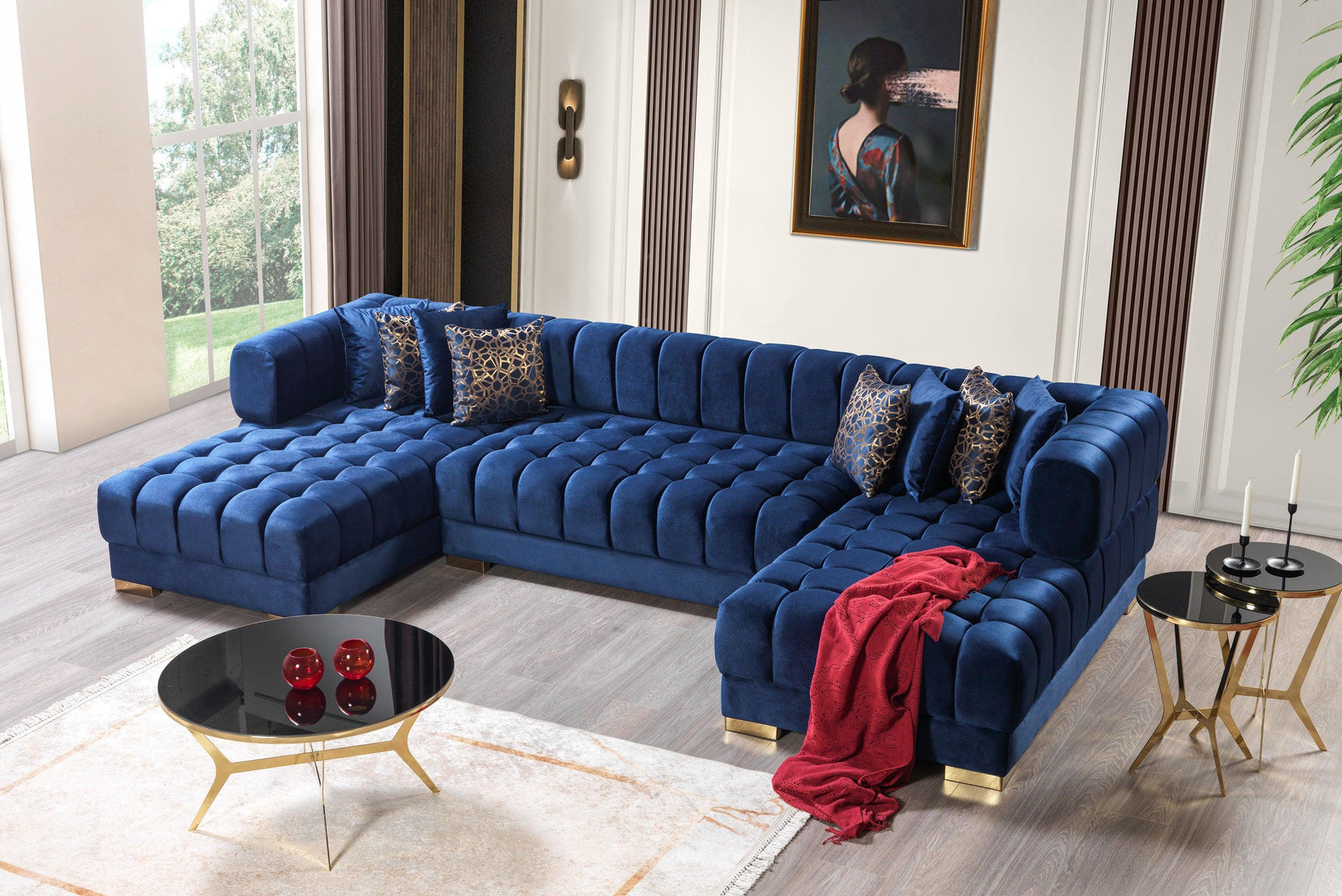 living room room view showcasing Mia Blue Velvet Double Chaise Sectional