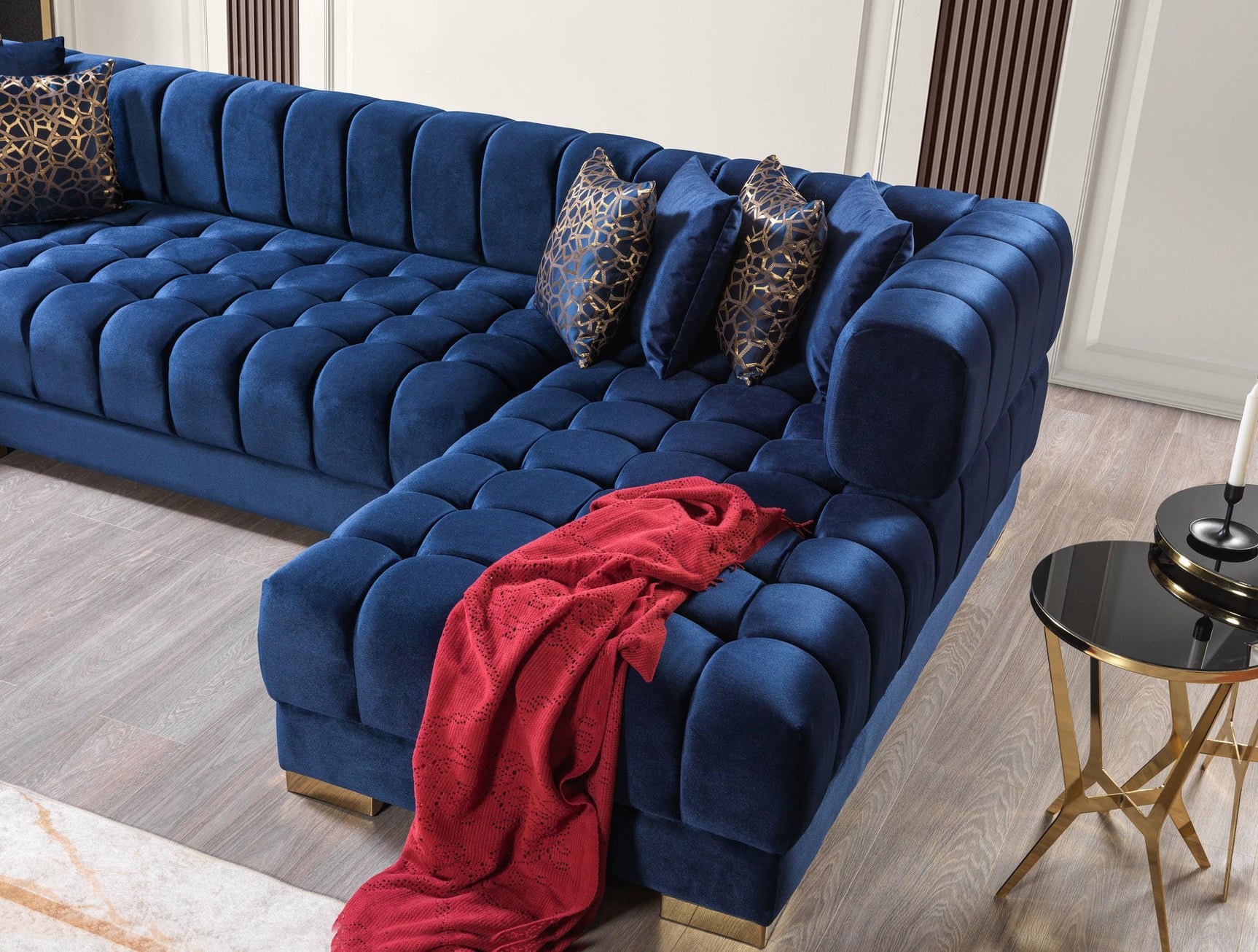 front angle of Mia Blue Velvet Double Chaise Sectional sofa