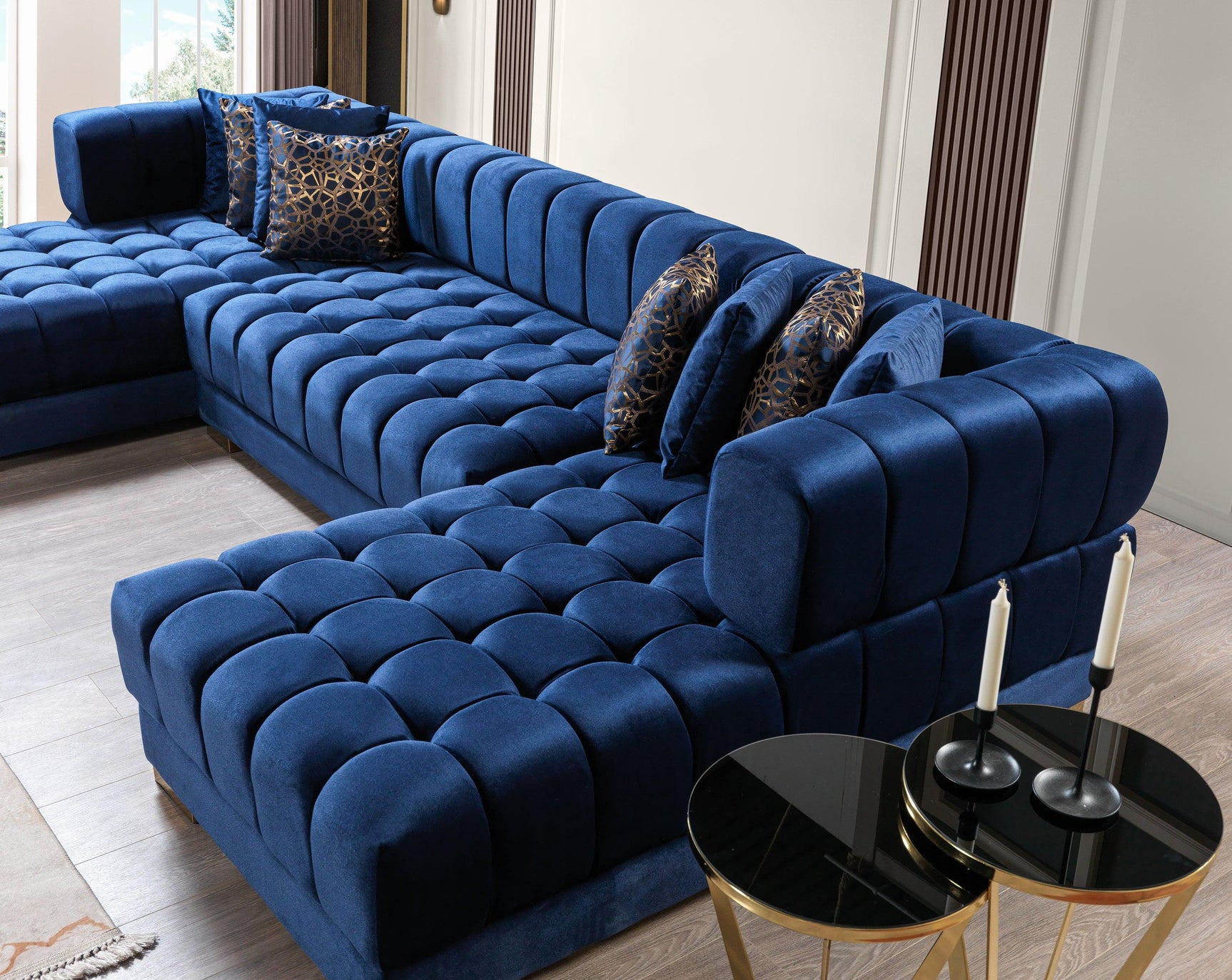 side angle of Mia Blue Velvet Double Chaise Sectional sofa
