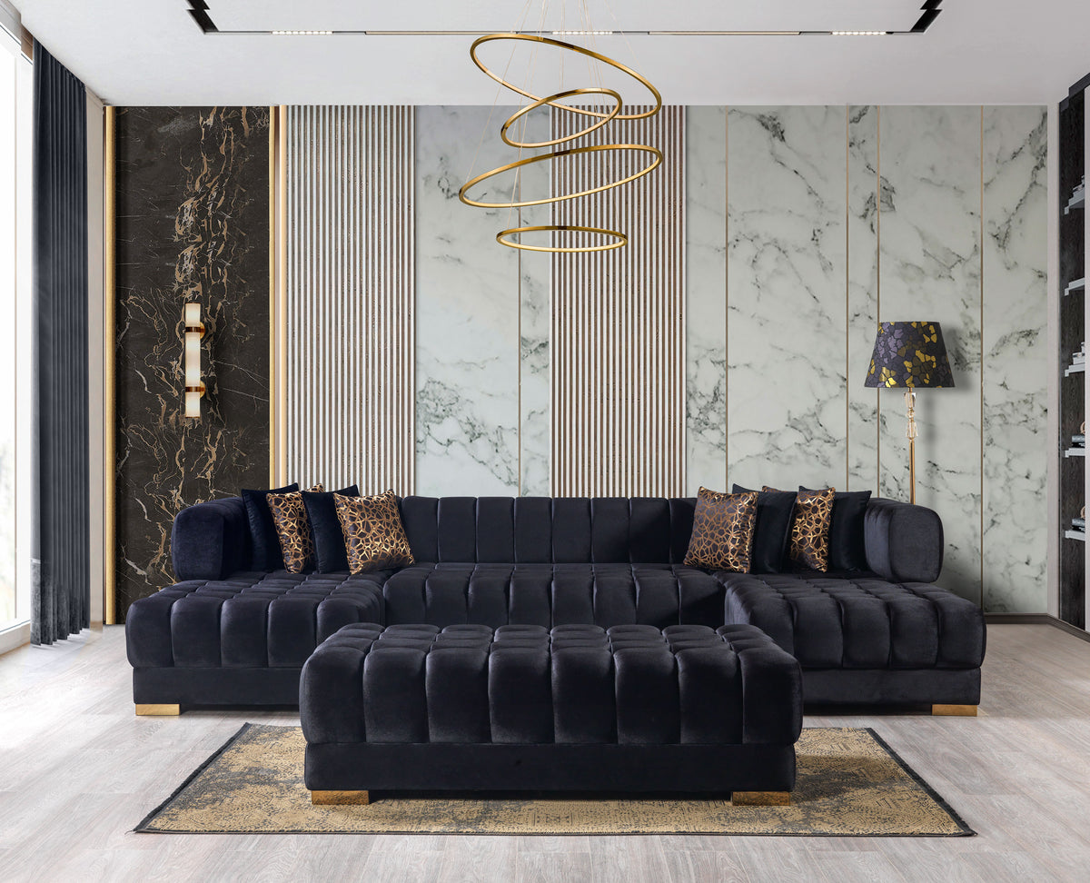 Room view showing Mia black velvet sectional sofa
