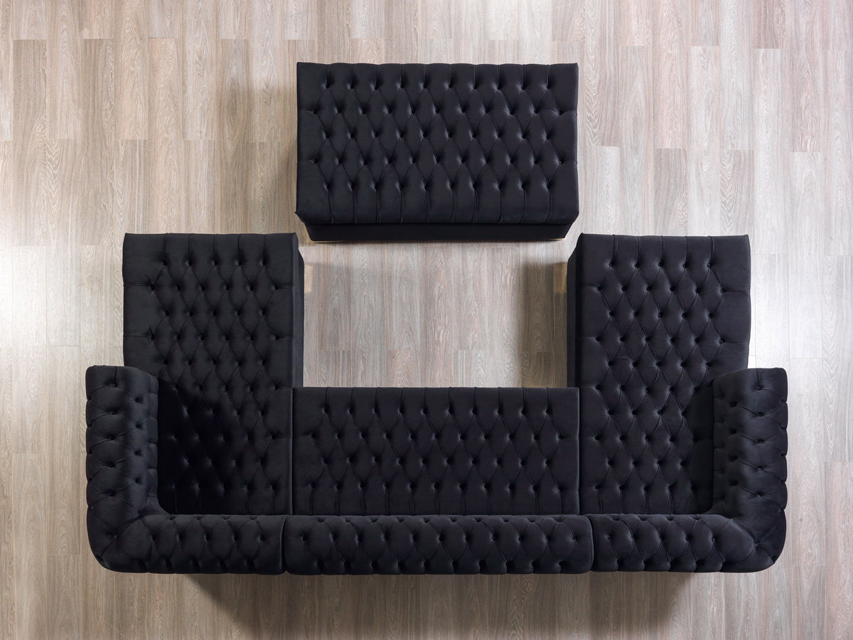 Living room setup with Emma Black Velvet Double Chaise sectional sofa