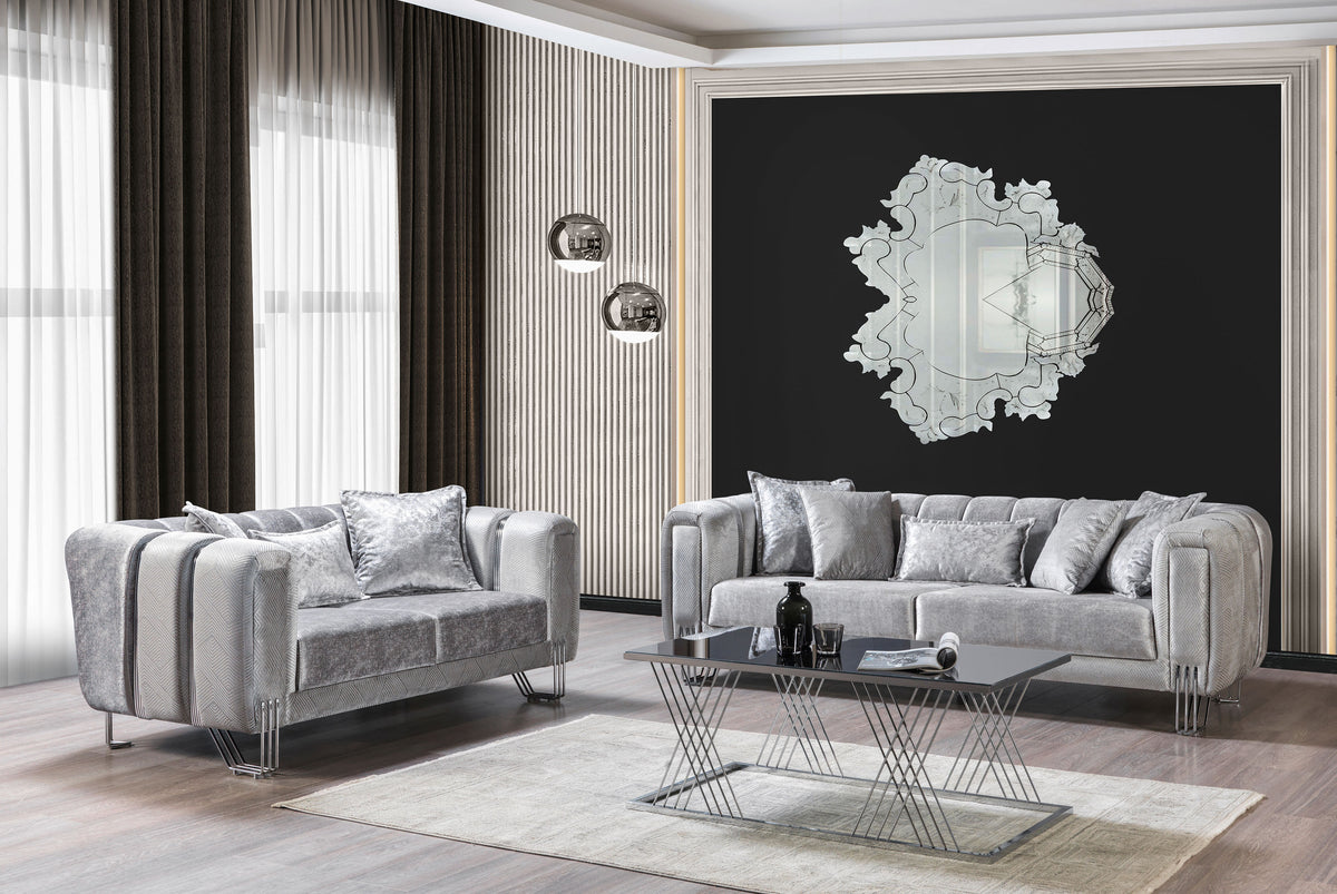 Ella Silver Velvet Sofa 89" side view