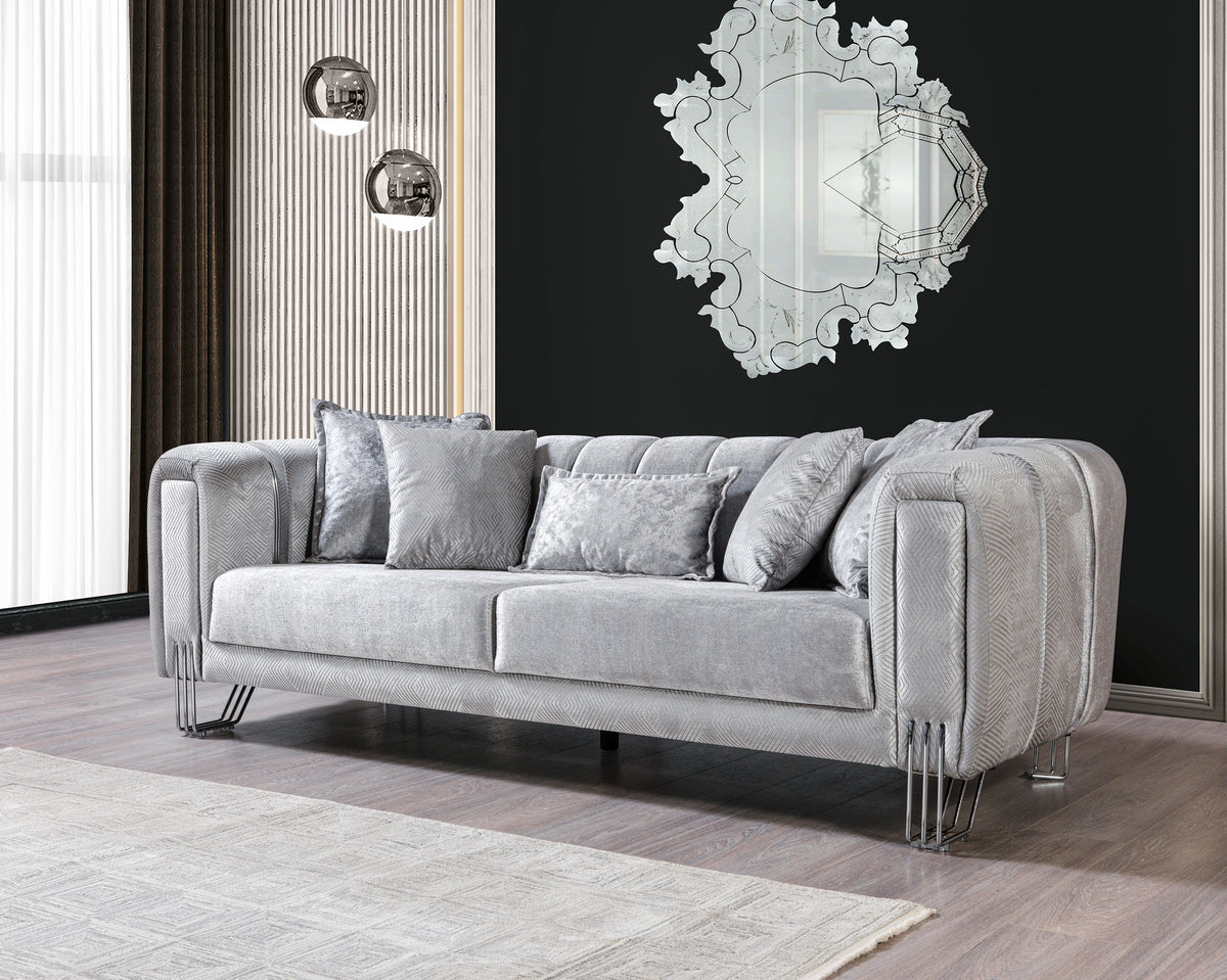 Ella Silver Velvet Loveseat 69" side view