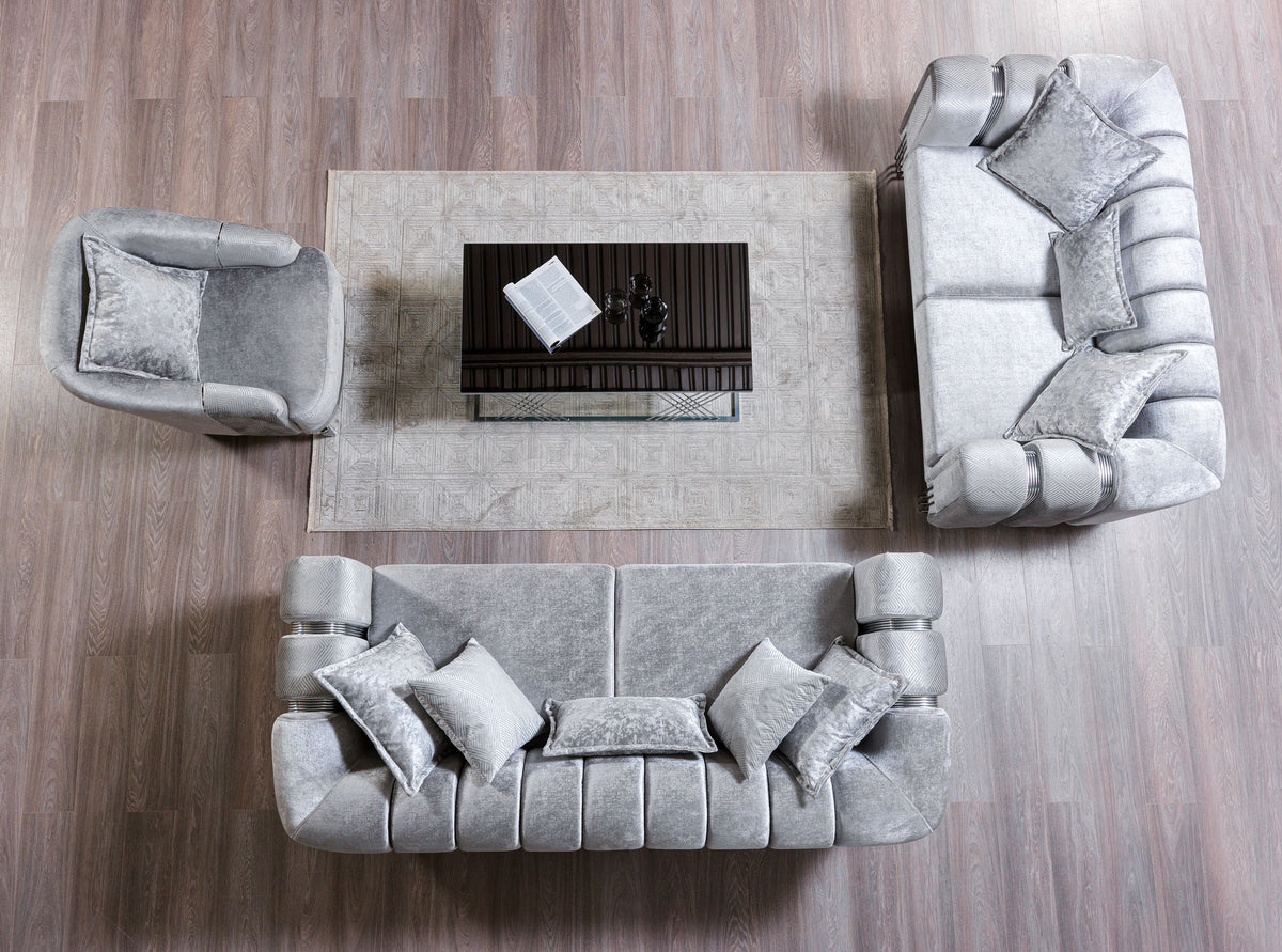 Ella Silver Velvet Sofa 89" angled view