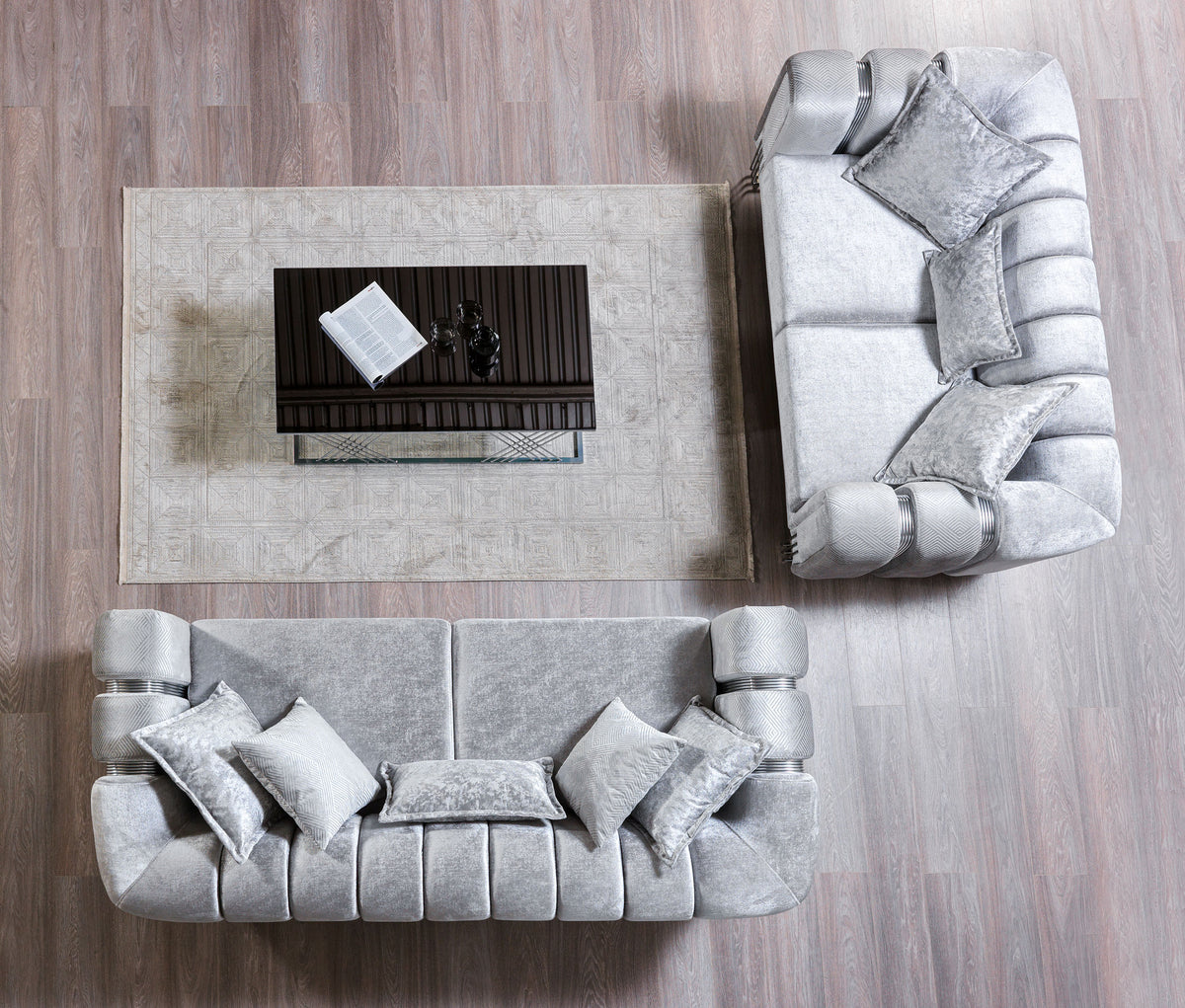 Ella Silver Velvet Sofa 89" armrest detail