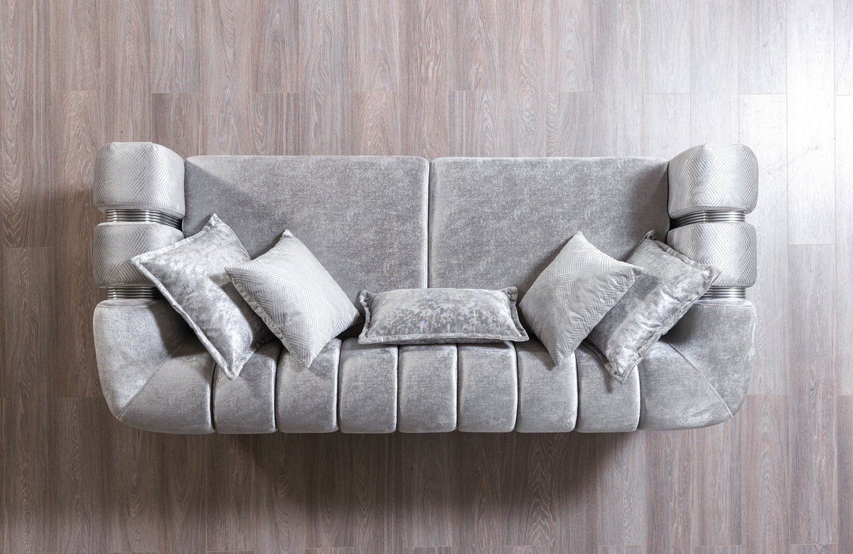 Ella Silver Velvet Loveseat 69" armrest detail