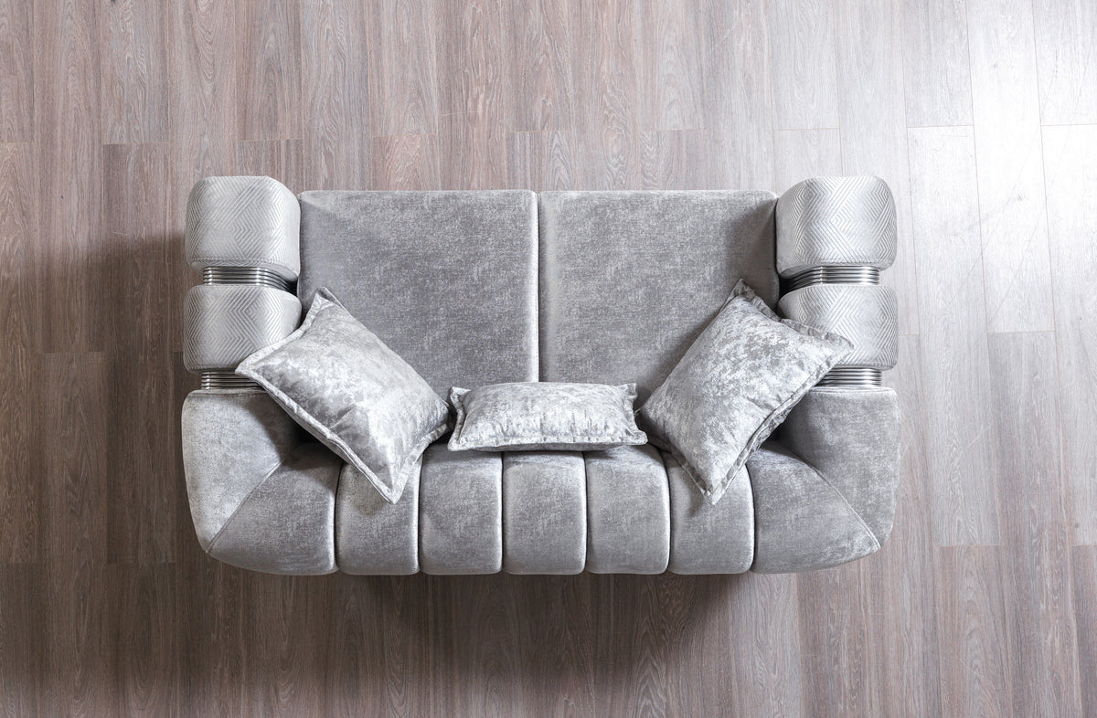 Close-up of silver velvet upholstery on Ella loveseat