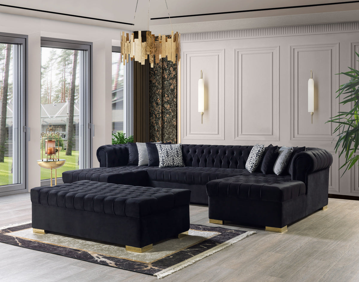 Room view showing Emma Black Velvet Double Chaise 136" Sectional Sofa arrangement