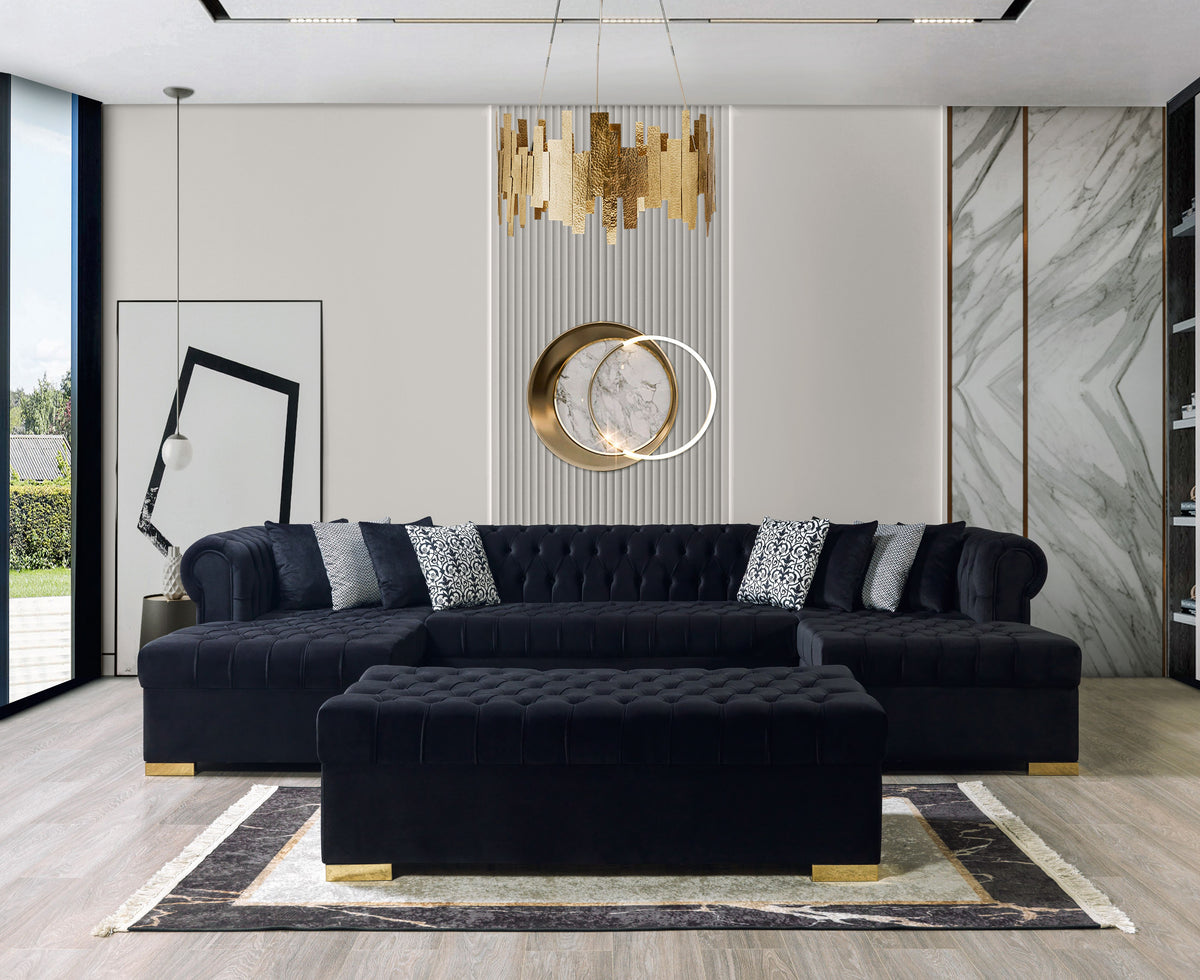 Main front view of Emma Black Velvet Double Chaise sectional sofa