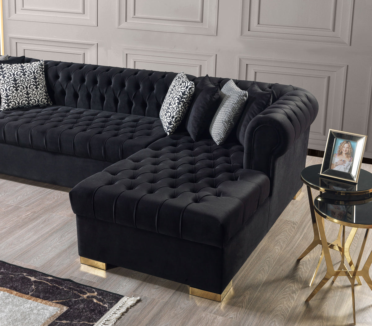 Side angle showing velvet tufting on Emma sectional sofa