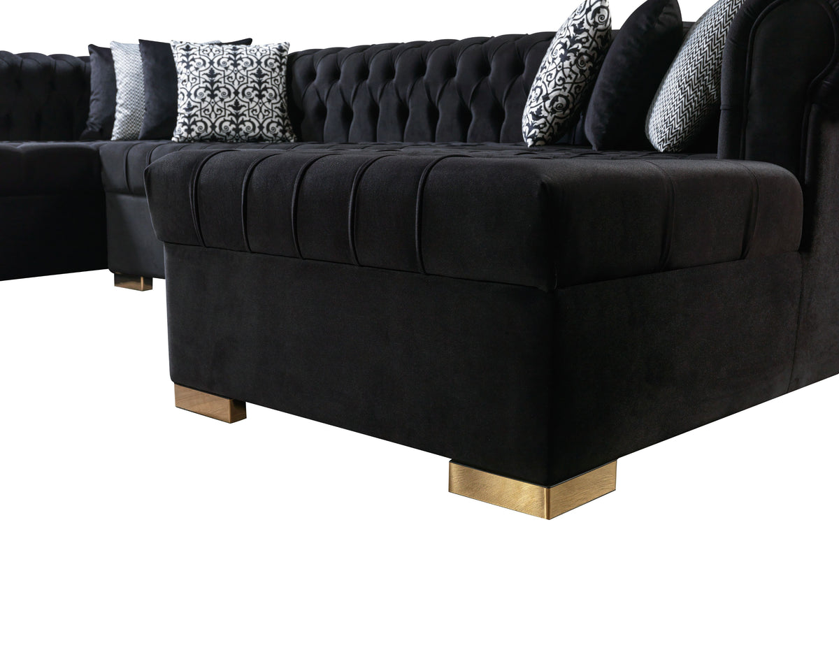 Close detail of sectional sofa Velvet fabric and stitching
