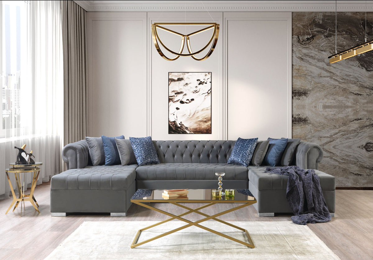 Emma Gray Velvet Double Chaise Sectional sofa side view