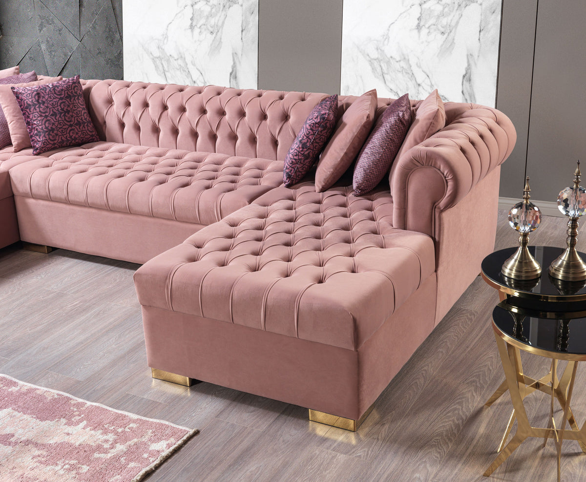Side angle of Emma Pink Velvet Double Chaise Sectional sofa