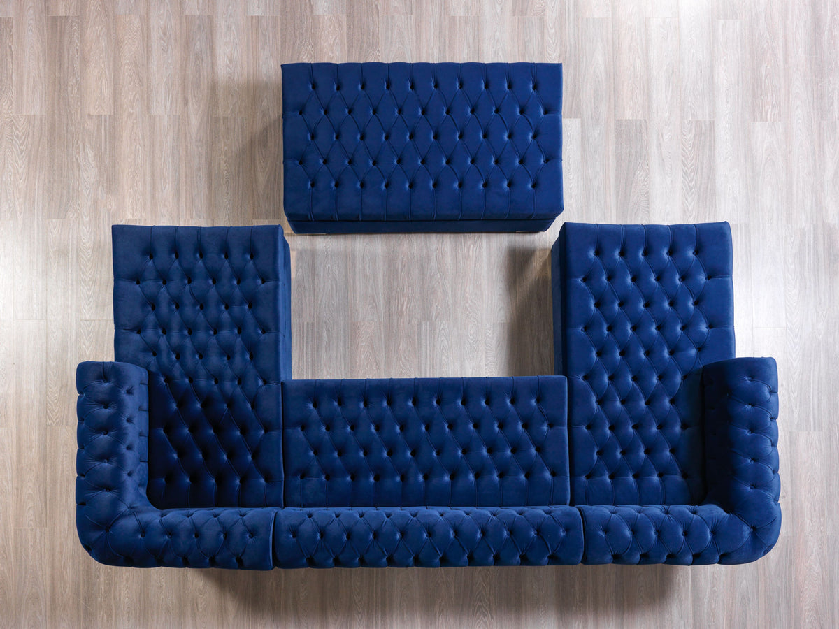 Room setting with Emma Navy Velvet Double Chaise Sectional Sofa