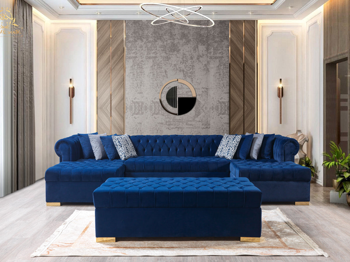 Main frontal view of Emma Navy Velvet Double Chaise Sectional