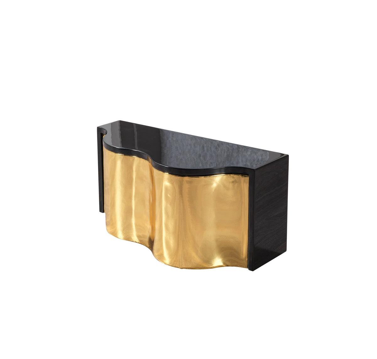 Leah Wood black and gold coffee table set angled overhead