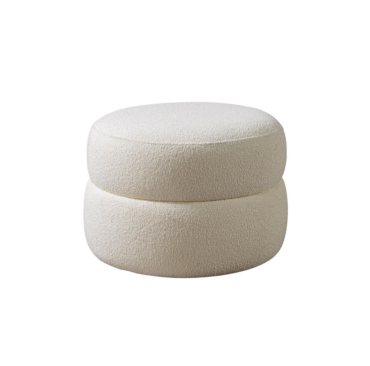 Front angle of Sandy Ivory Boucle Round Ottoman showing ivory boucle texture