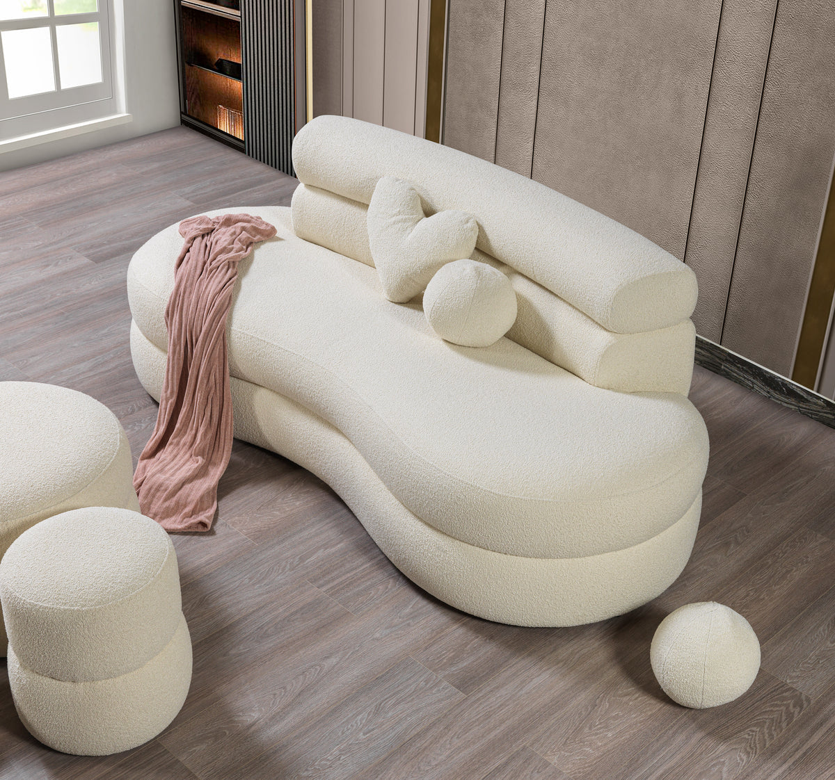 Side angle of Sandy Ivory Bouclé Stool showing upholstery detail