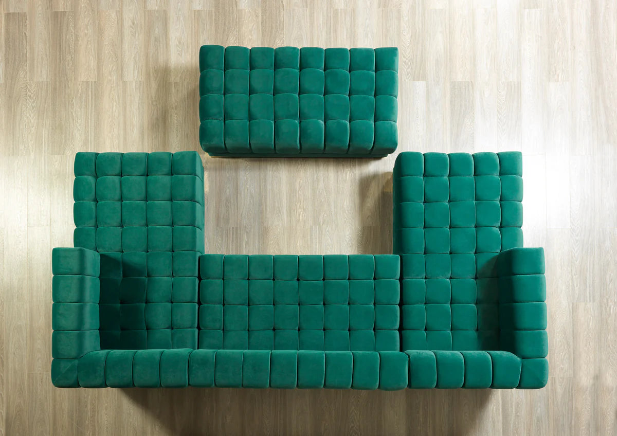 living room view with Mia Green Velvet Double Chaise Sectional sofa