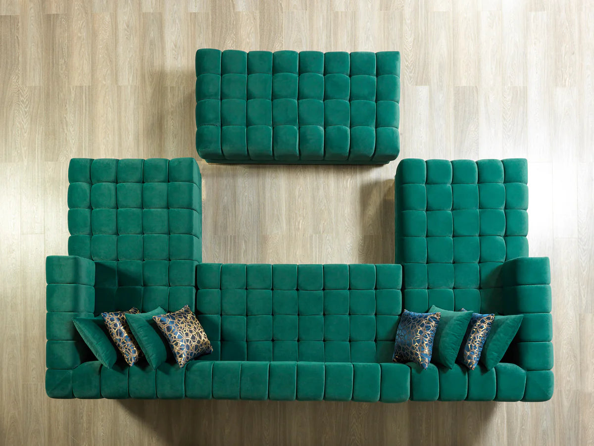 angled front view of Mia Green Velvet Double Chaise Sectional sofa