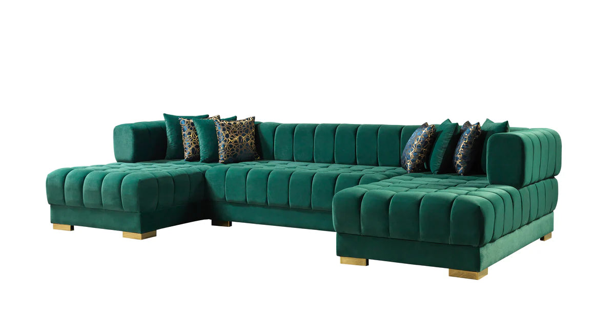 side perspective of Mia Green Velvet Double Chaise sofa
