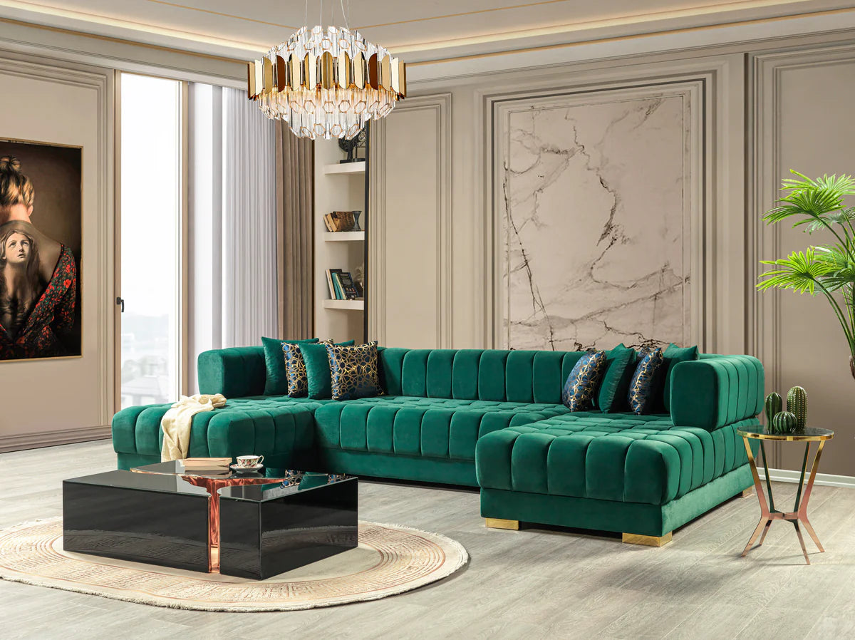 side view of Mia Green Velvet Double Chaise Sectional sofa