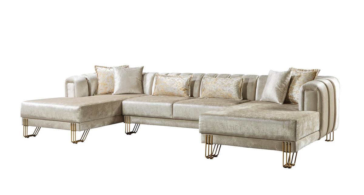 Detail shot of fabric texture on ivory velvet sectional