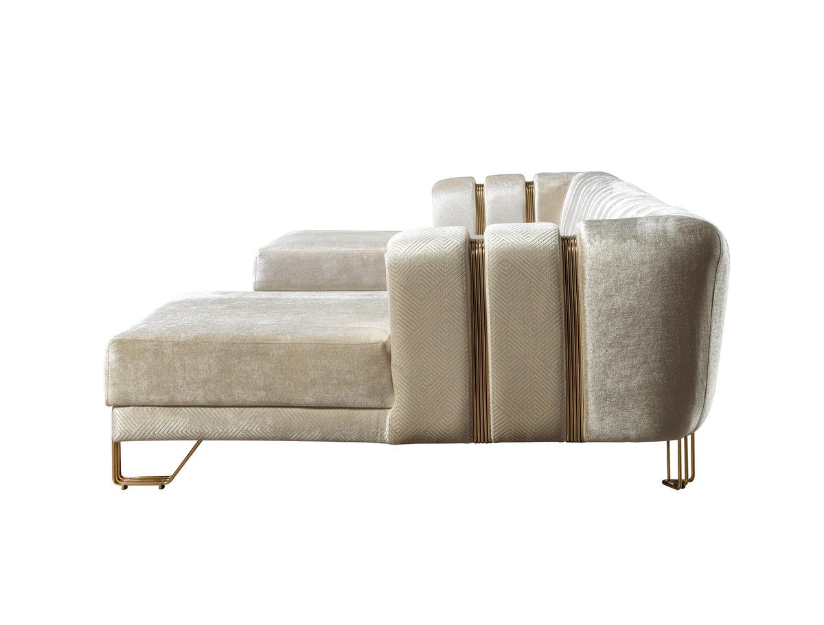 Close detail of stitched seams on ivory velvet sectional