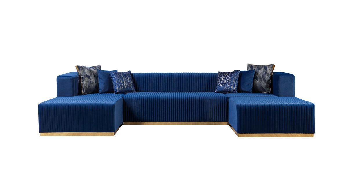 Main front view of blue velvet 4-piece sectional sofa