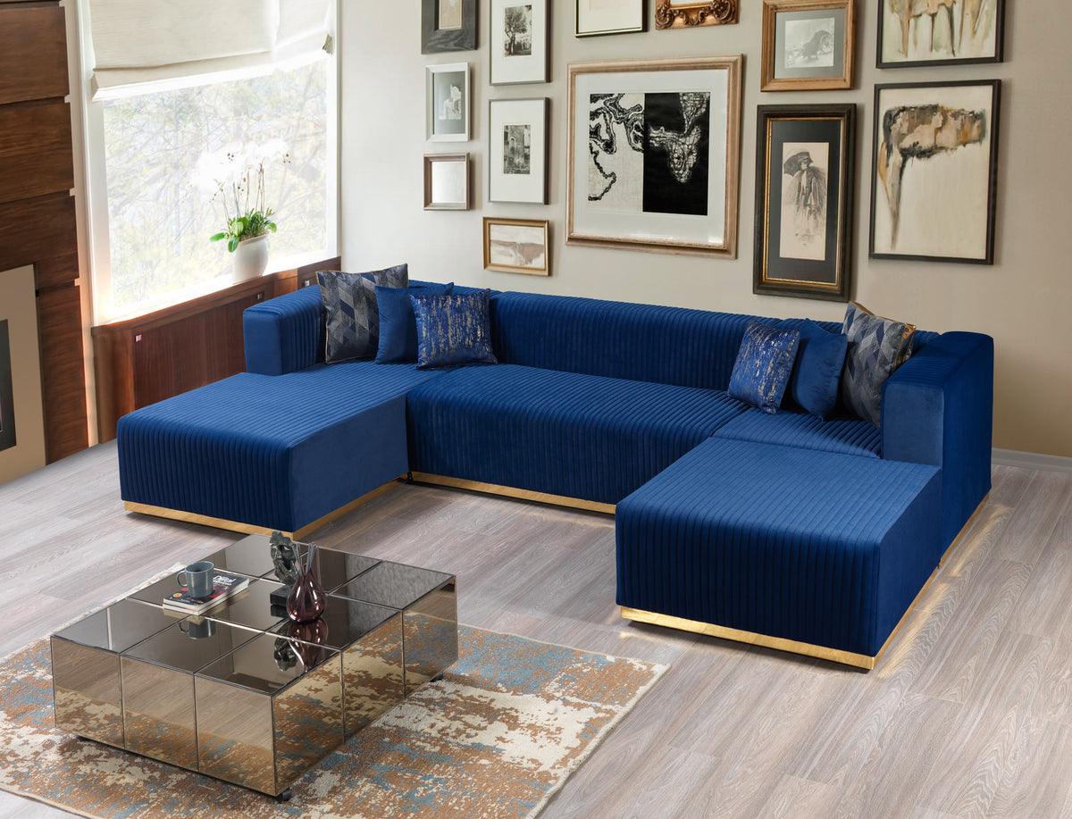 Main view of blue velvet sectional sofa with chaise