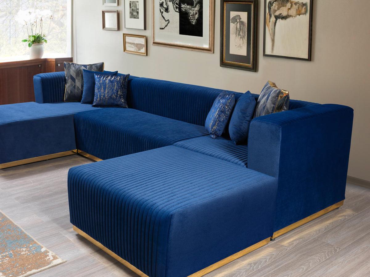 Living room setting with Elizabeth Blue Velvet sectional sofa