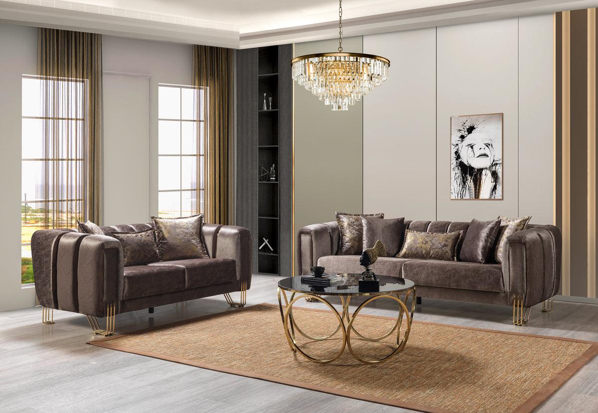 Side view of Ella Coffee Velvet Sofa and Loveseat