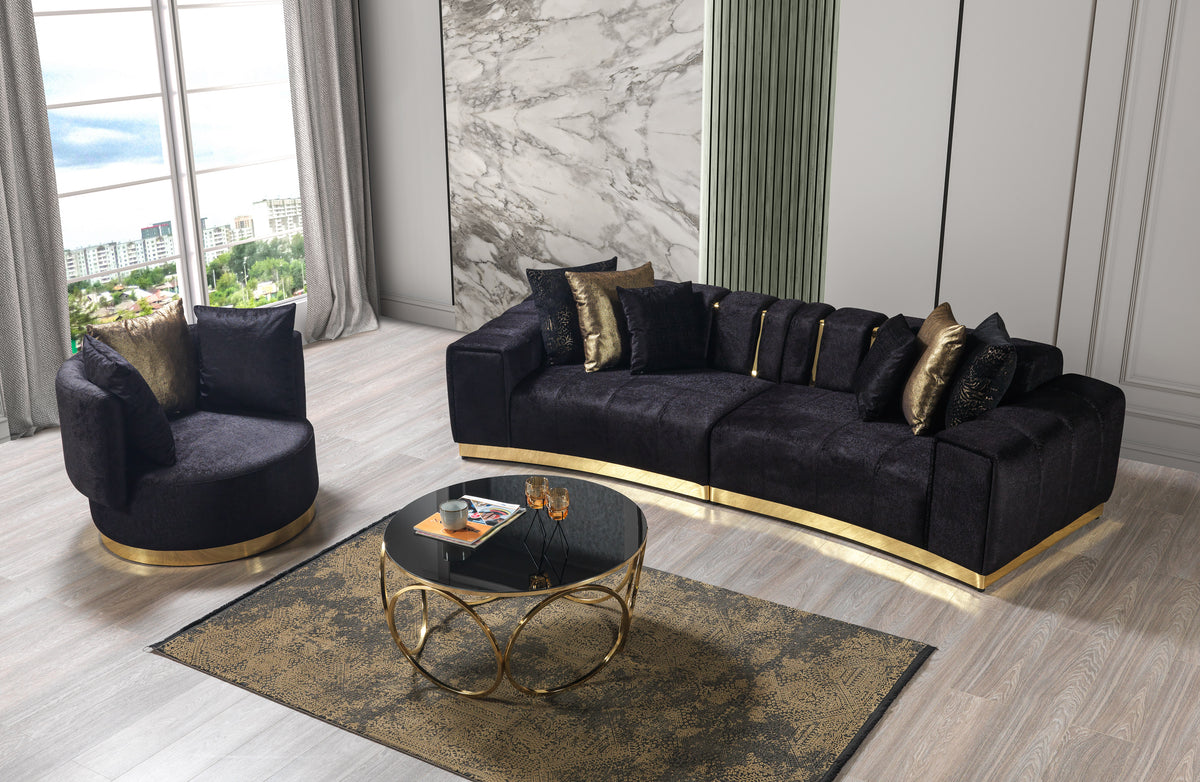 Room view of Michelle Black Velvet Curved Sectional sofa setup