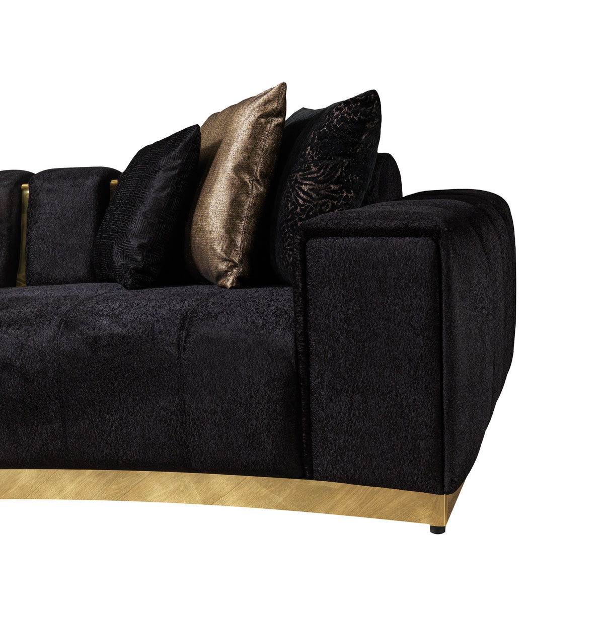 Anne Black Velvet Curved Sectional sofa room with rug