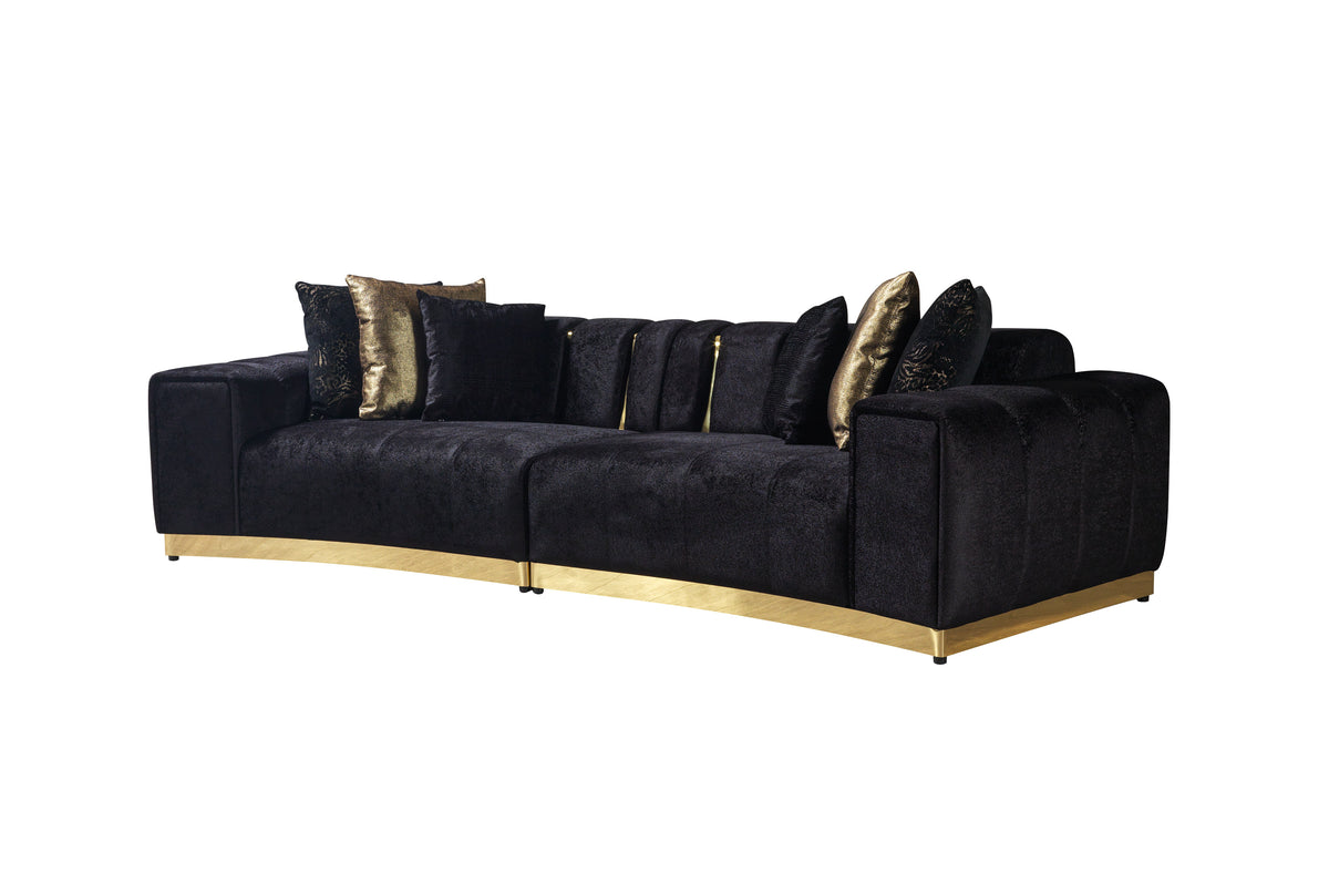 Main front view of black velvet curved sectional sofa