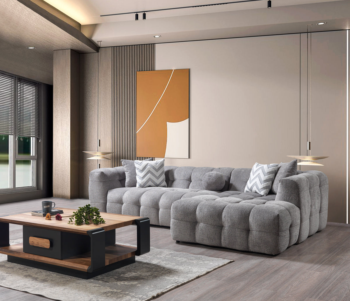 close-up detail of gray bouclé upholstery on sectional sofa
