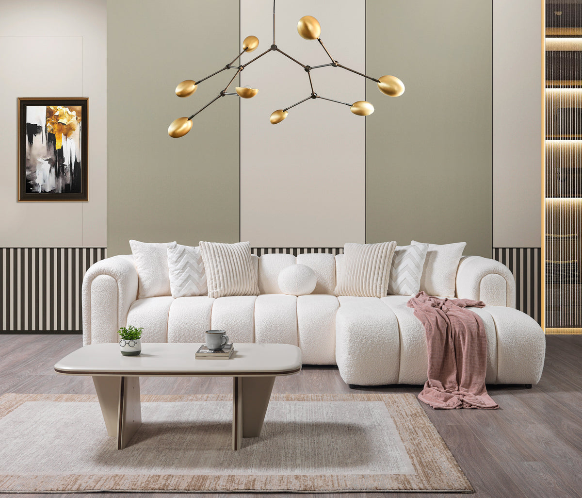 Side view of Elly Ivory Boucle RAF Sectional sofa
