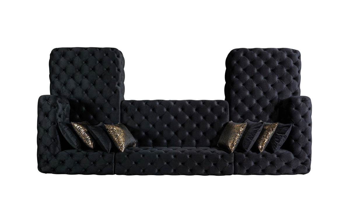 front-facing view of Seva Black Velvet Double Chaise Sectional sofa